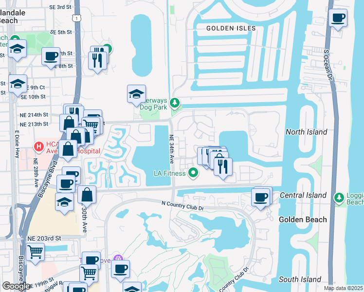 map of restaurants, bars, coffee shops, grocery stores, and more near 3441 Northeast 210th Terrace in Aventura
