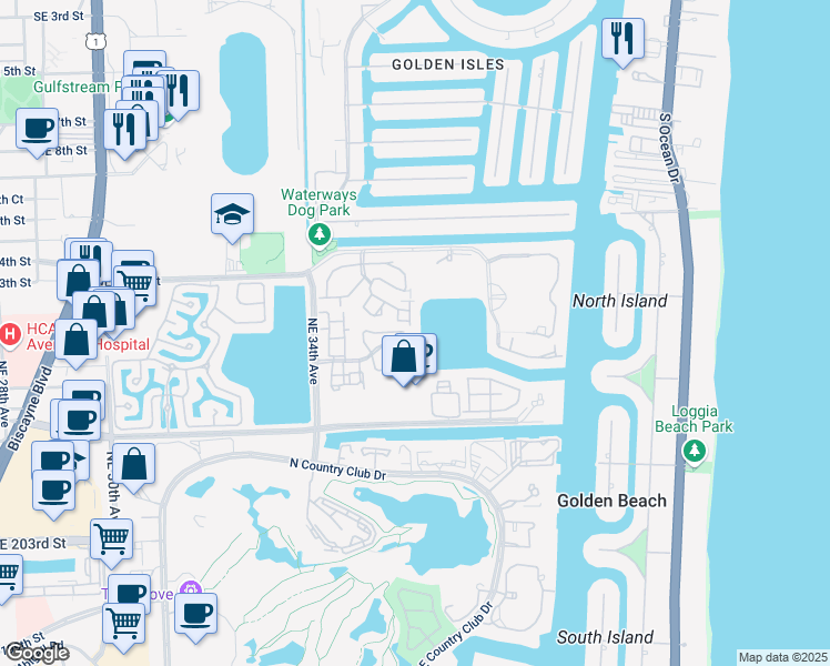 map of restaurants, bars, coffee shops, grocery stores, and more near 3549 Magellan Circle in Aventura
