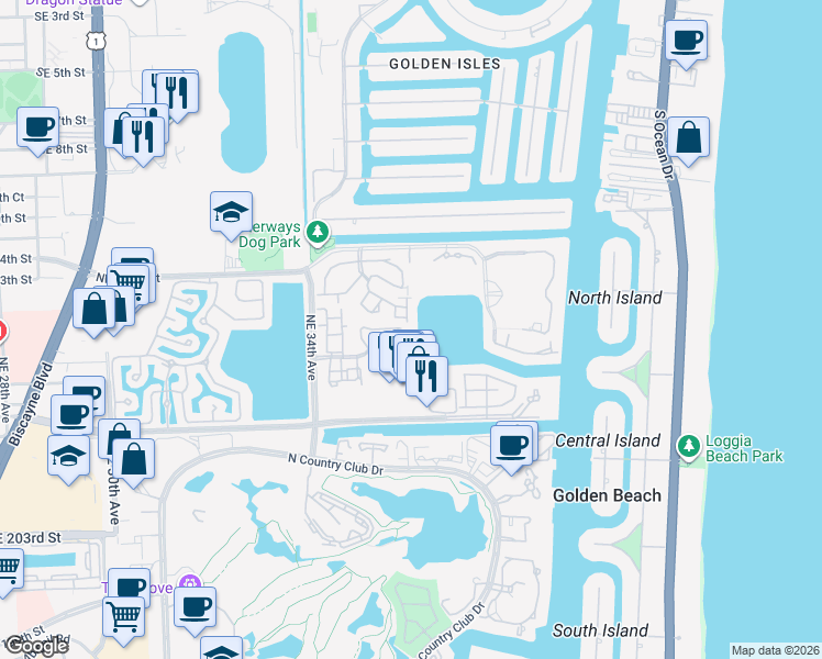 map of restaurants, bars, coffee shops, grocery stores, and more near 3549 Magellan Circle in Aventura