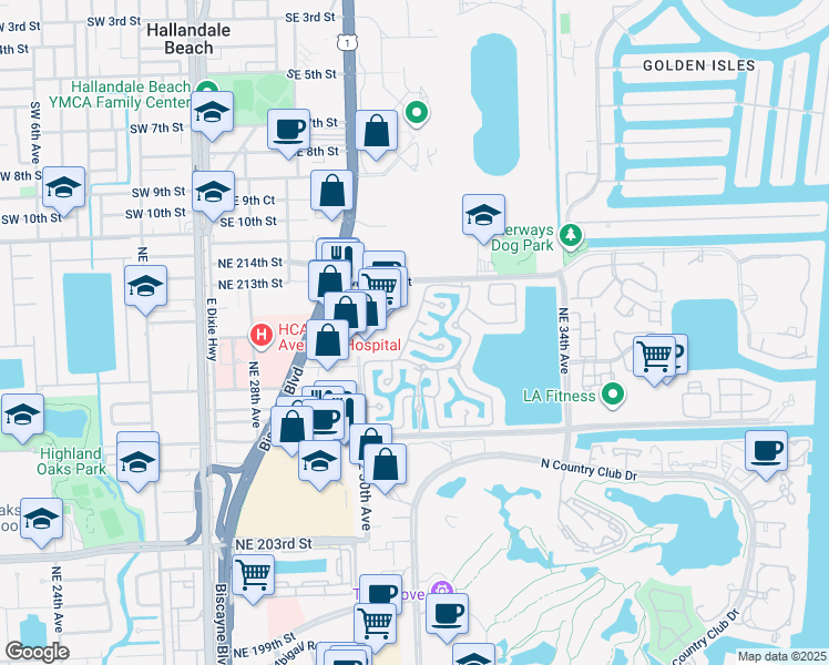 map of restaurants, bars, coffee shops, grocery stores, and more near 3130 Northeast 211 Street in Aventura
