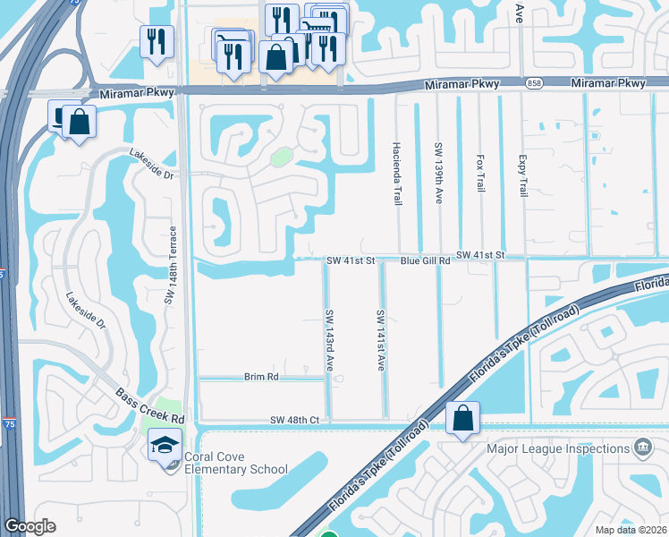 map of restaurants, bars, coffee shops, grocery stores, and more near 14298 Southwest 41st Street in Miramar