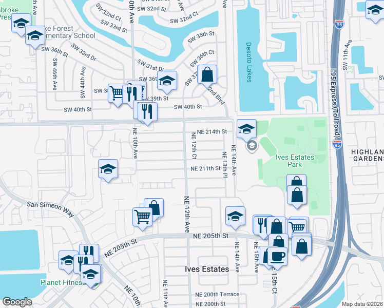 map of restaurants, bars, coffee shops, grocery stores, and more near 21200 Northeast 12th Court in Miami