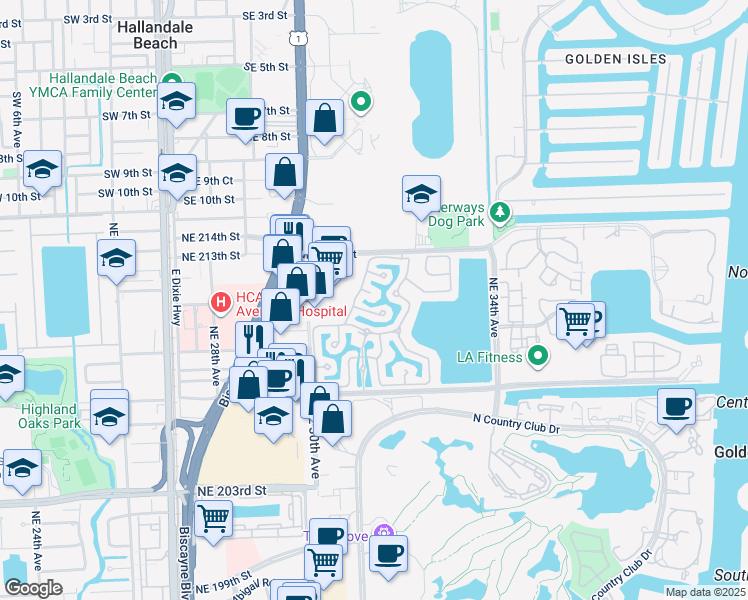 map of restaurants, bars, coffee shops, grocery stores, and more near 3130 Northeast 211 Street in Aventura