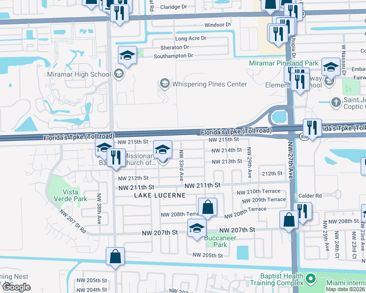 map of restaurants, bars, coffee shops, grocery stores, and more near 3281 Northwest 214th Street in Miami Gardens