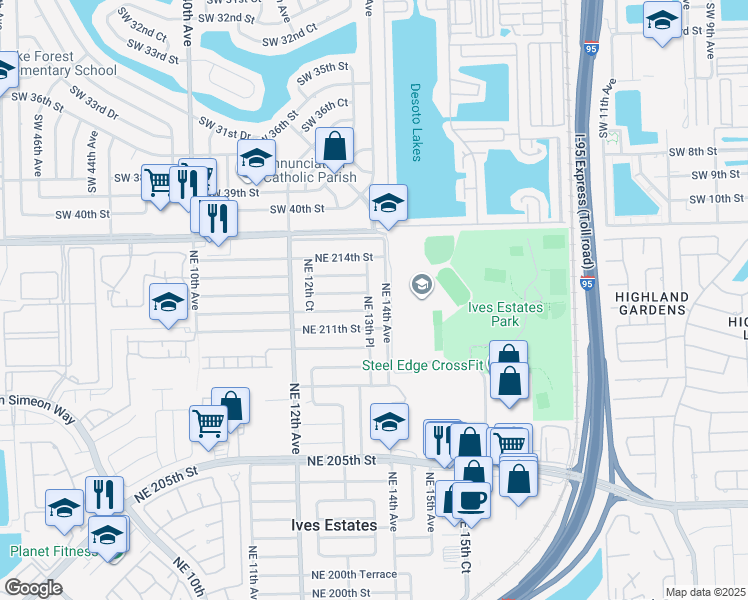 map of restaurants, bars, coffee shops, grocery stores, and more near 21201 Northeast 13th Place in Miami