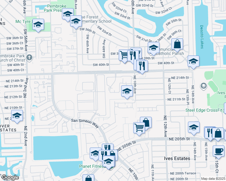 map of restaurants, bars, coffee shops, grocery stores, and more near 825 Northeast 212th Terrace in Miami