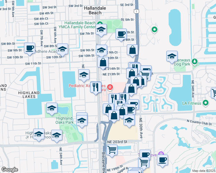 map of restaurants, bars, coffee shops, grocery stores, and more near 21101 Northeast 27th Court in Miami