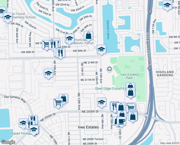 map of restaurants, bars, coffee shops, grocery stores, and more near 1300 Northeast 212th Terrace in North Miami Beach