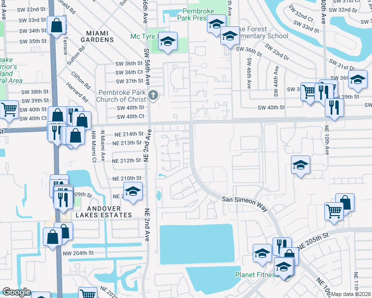 map of restaurants, bars, coffee shops, grocery stores, and more near 21381 San Simeon Way in North Miami Beach