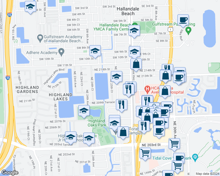 map of restaurants, bars, coffee shops, grocery stores, and more near 21120 Northeast 25th Court in Miami