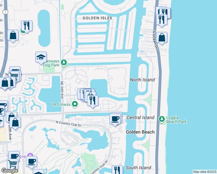 map of restaurants, bars, coffee shops, grocery stores, and more near 3750 Yacht Club Drive in Miami