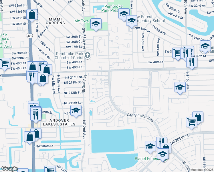 map of restaurants, bars, coffee shops, grocery stores, and more near 21381 San Simeon Way in North Miami Beach