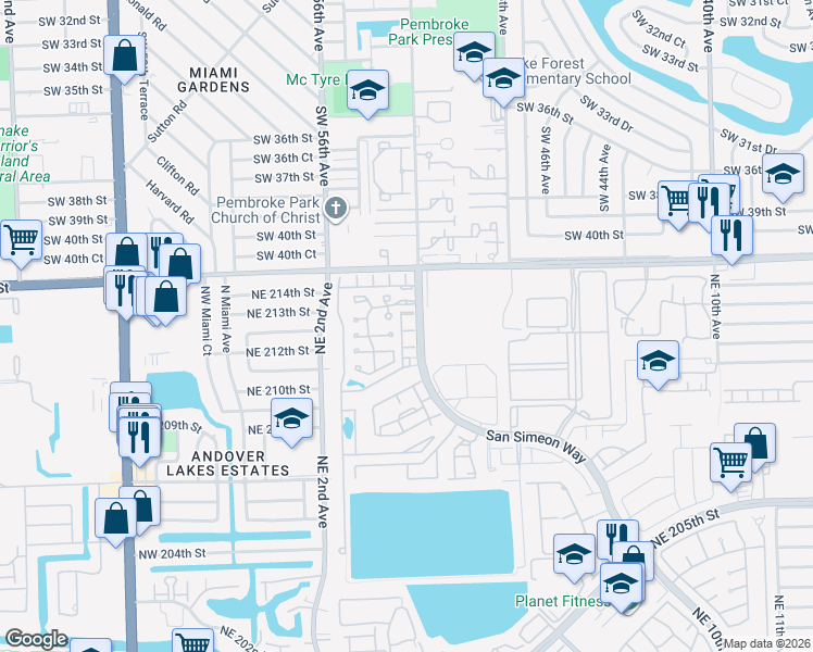 map of restaurants, bars, coffee shops, grocery stores, and more near 21381 San Simeon Way in North Miami Beach