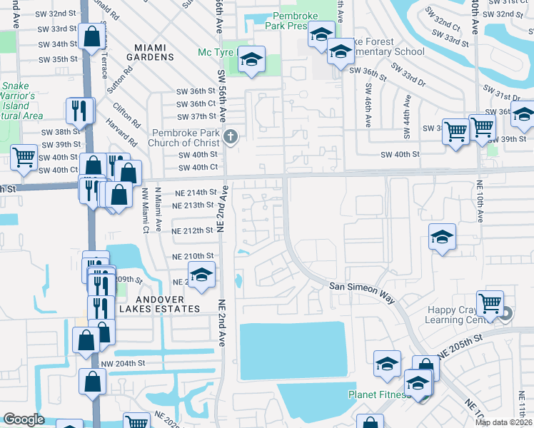 map of restaurants, bars, coffee shops, grocery stores, and more near 321 Northeast 212th Street in Miami