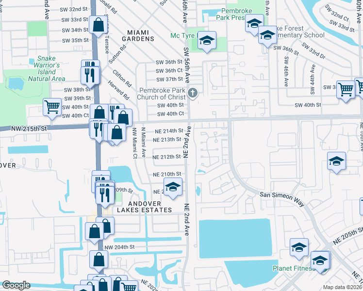 map of restaurants, bars, coffee shops, grocery stores, and more near 181 Northeast 212th Terrace in Miami