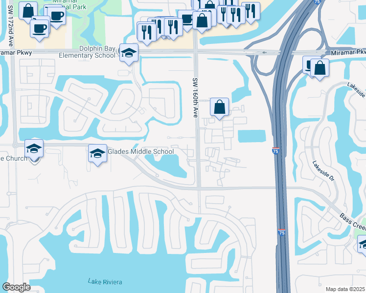 map of restaurants, bars, coffee shops, grocery stores, and more near 4402 Southwest 160th Avenue in Miramar