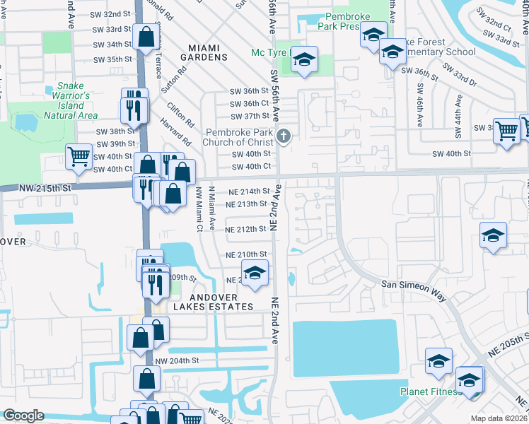 map of restaurants, bars, coffee shops, grocery stores, and more near 181 Northeast 212th Terrace in Miami