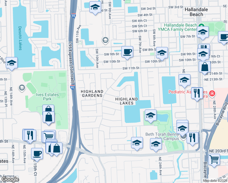 map of restaurants, bars, coffee shops, grocery stores, and more near 2020 Northeast 212th Street in North Miami Beach