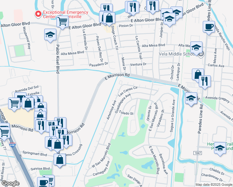 map of restaurants, bars, coffee shops, grocery stores, and more near 4 Yucatan Court in Brownsville