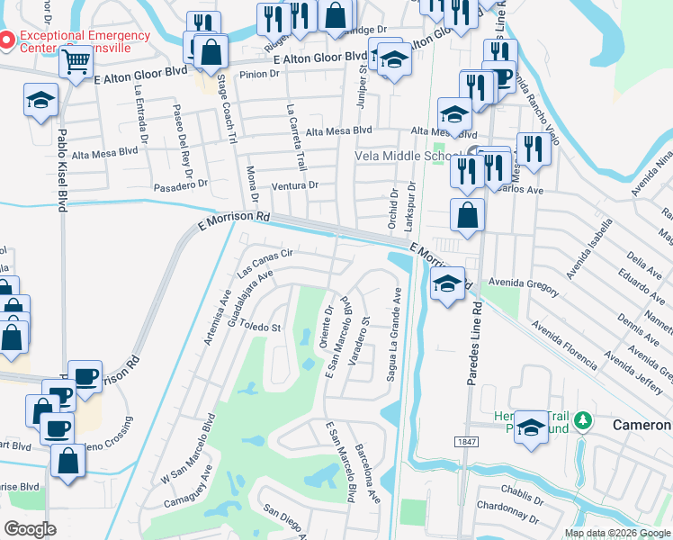 map of restaurants, bars, coffee shops, grocery stores, and more near 1505 Guadalajara Ave in Brownsville