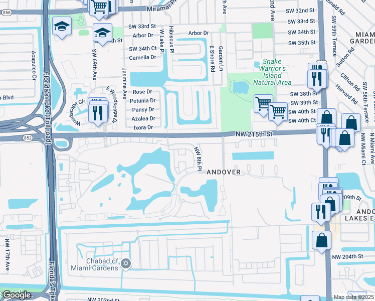 map of restaurants, bars, coffee shops, grocery stores, and more near 850 Northwest 213th Lane in Miami Gardens