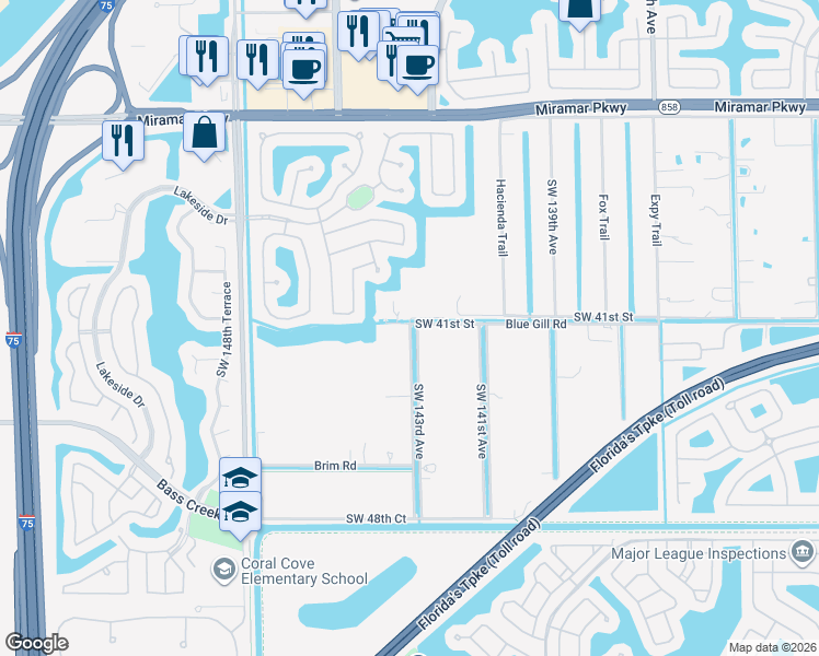 map of restaurants, bars, coffee shops, grocery stores, and more near 14298 Southwest 41st Street in Miramar