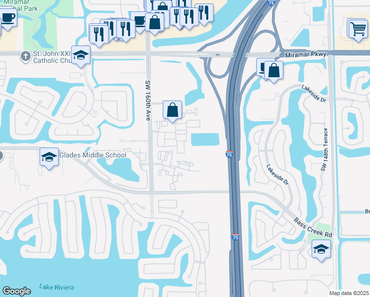 map of restaurants, bars, coffee shops, grocery stores, and more near 4279 Southwest 156th Avenue in Miramar