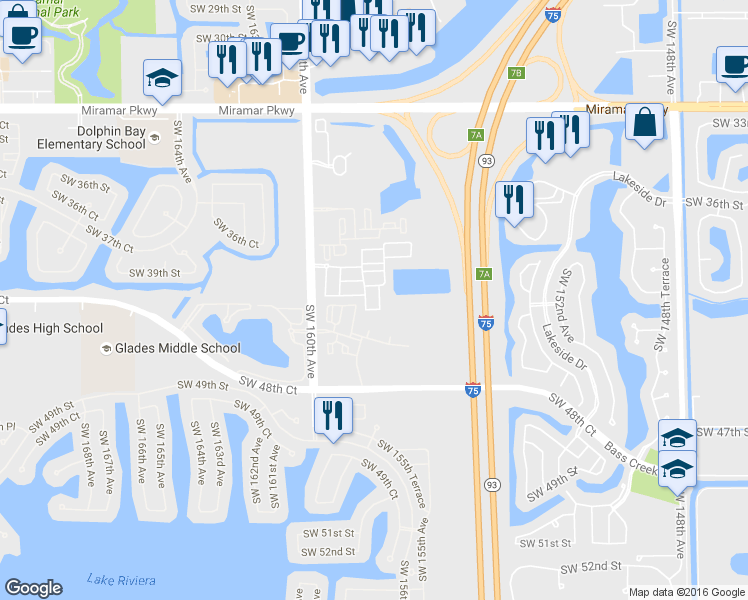 map of restaurants, bars, coffee shops, grocery stores, and more near 4279 Southwest 156th Avenue in Miramar