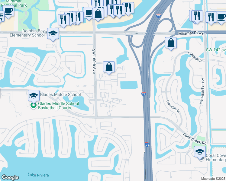 map of restaurants, bars, coffee shops, grocery stores, and more near 4279 Southwest 156th Avenue in Miramar