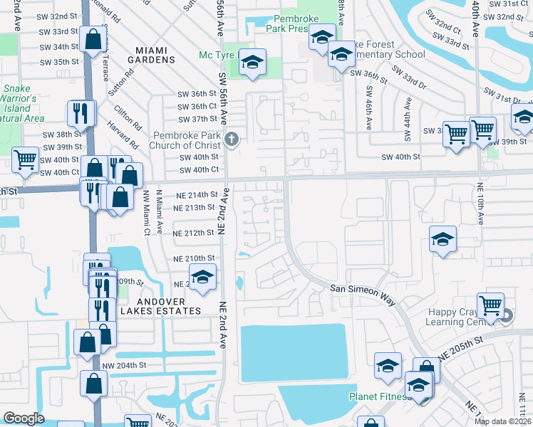map of restaurants, bars, coffee shops, grocery stores, and more near 321 Northeast 212th Street in Miami