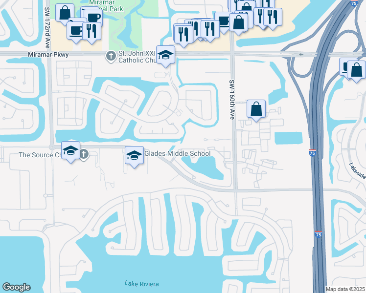 map of restaurants, bars, coffee shops, grocery stores, and more near 16413 Southwest 47th Court in Miramar