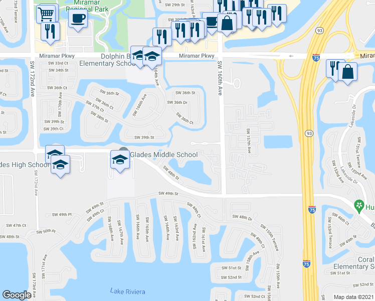 map of restaurants, bars, coffee shops, grocery stores, and more near 16253 Southwest 47th Court in Miramar