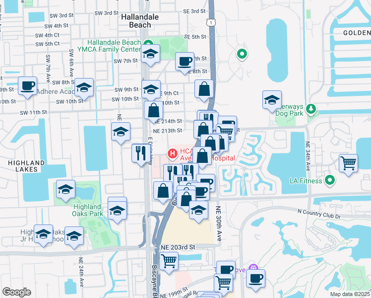 map of restaurants, bars, coffee shops, grocery stores, and more near 21110 Biscayne Boulevard in Aventura