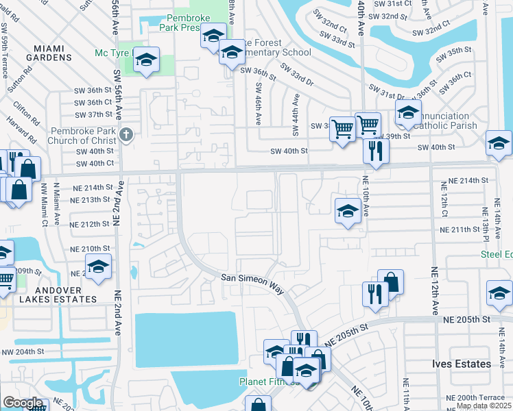 map of restaurants, bars, coffee shops, grocery stores, and more near 21301 San Simeon Way in Miami