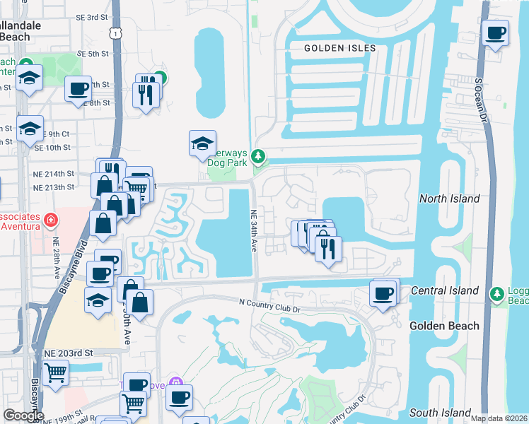 map of restaurants, bars, coffee shops, grocery stores, and more near 3441 Northeast 210th Terrace in Aventura