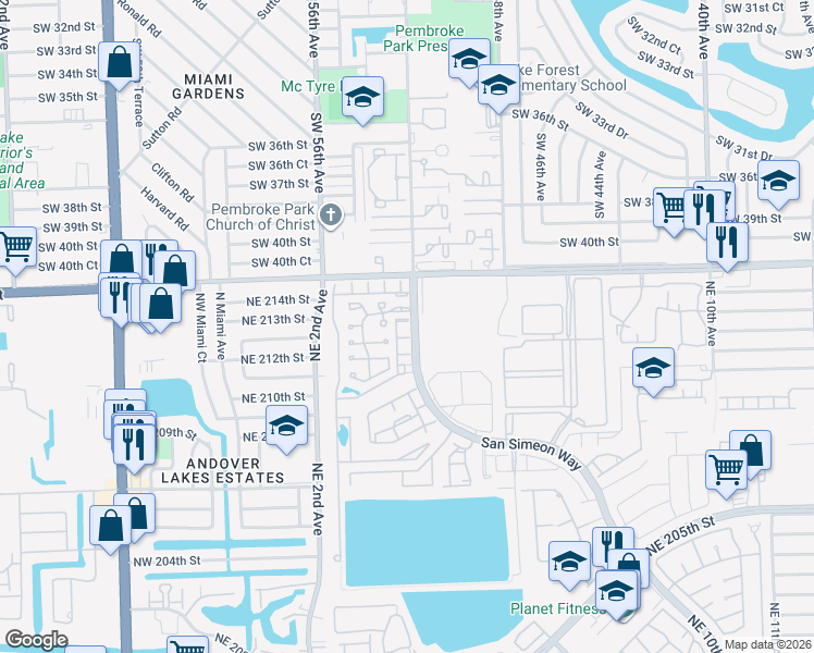 map of restaurants, bars, coffee shops, grocery stores, and more near 21381 San Simeon Way in North Miami Beach
