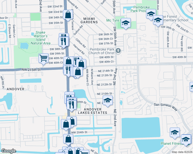map of restaurants, bars, coffee shops, grocery stores, and more near 21265 North Miami Avenue in Miami