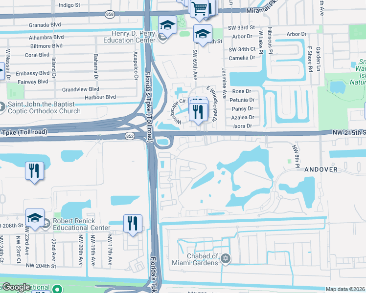 map of restaurants, bars, coffee shops, grocery stores, and more near 1413 Northwest 214th Terrace in Miami Gardens