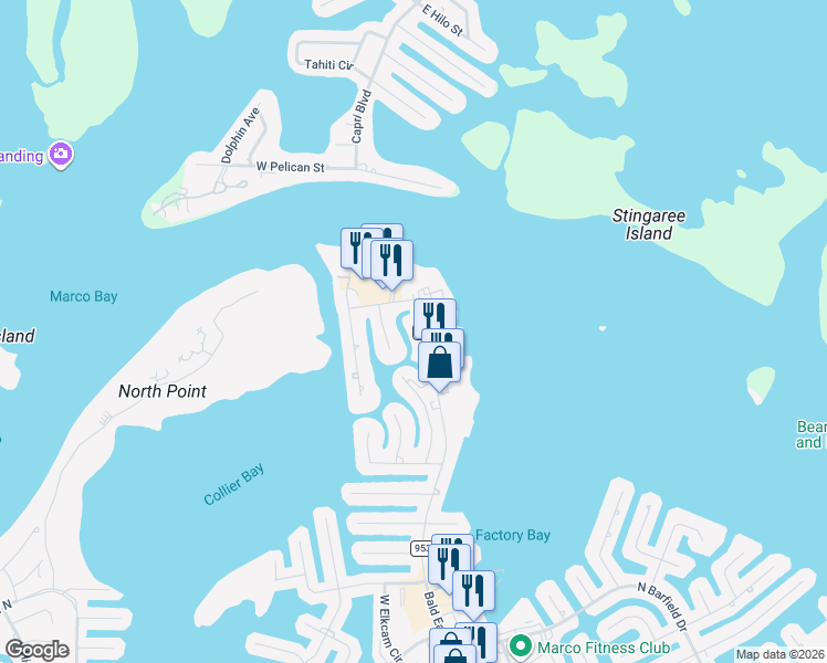 map of restaurants, bars, coffee shops, grocery stores, and more near 1135 Vernon Place in Marco Island