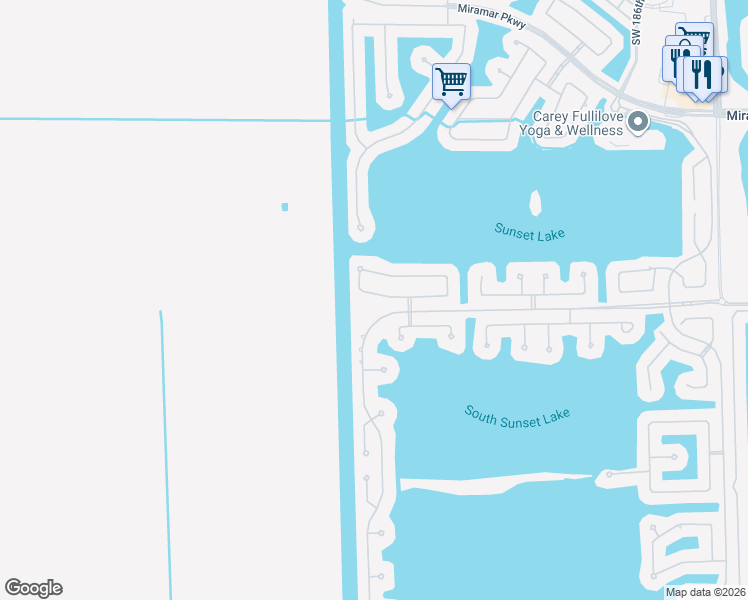 map of restaurants, bars, coffee shops, grocery stores, and more near 19440 Southwest 39th Court in Miramar