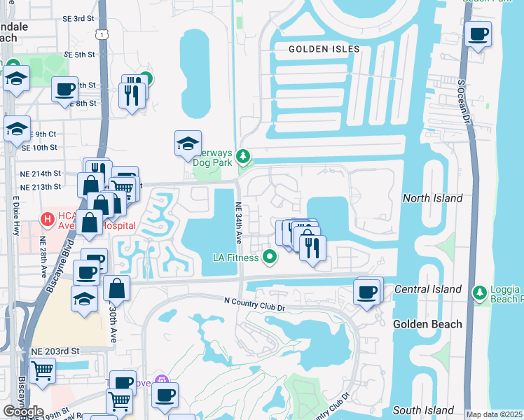 map of restaurants, bars, coffee shops, grocery stores, and more near 3441 Northeast 210th Terrace in Aventura