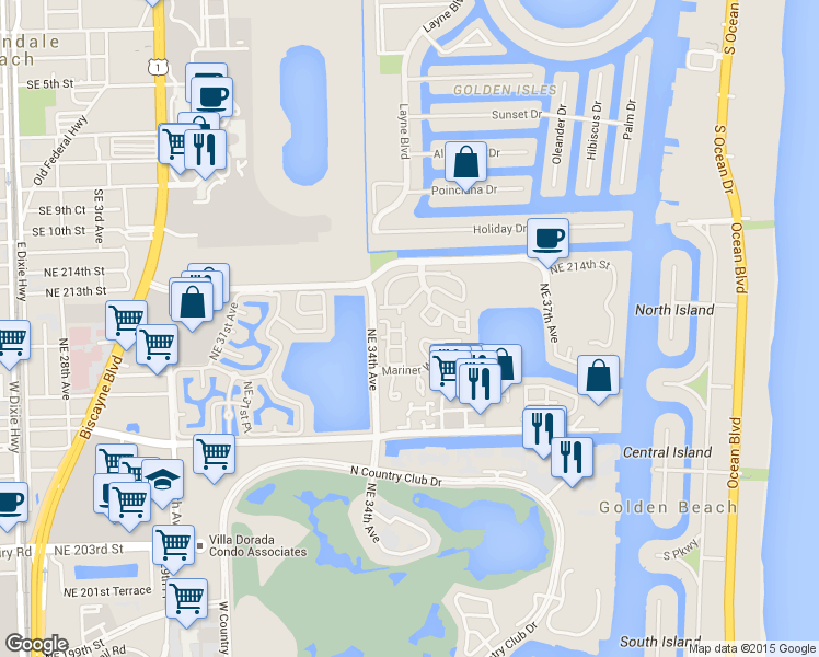 map of restaurants, bars, coffee shops, grocery stores, and more near 3441 Northeast 210th Terrace in Aventura