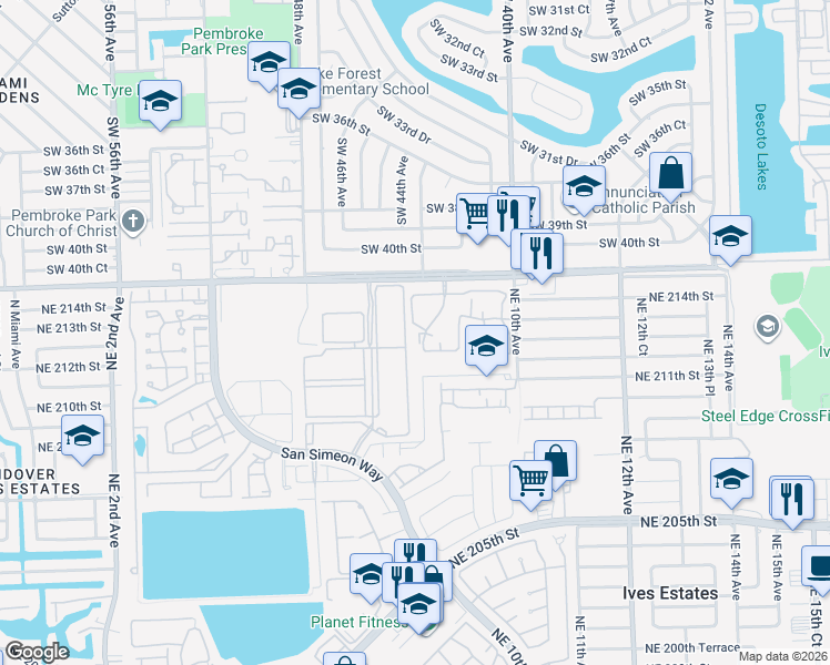 map of restaurants, bars, coffee shops, grocery stores, and more near 21213 San Simeon Way in Miami
