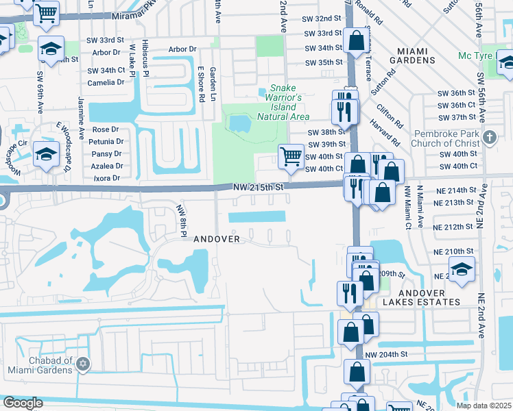 map of restaurants, bars, coffee shops, grocery stores, and more near 605 Northwest 214th Street in Miami