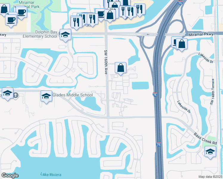 map of restaurants, bars, coffee shops, grocery stores, and more near 4190 Southwest 159th Avenue in Miramar