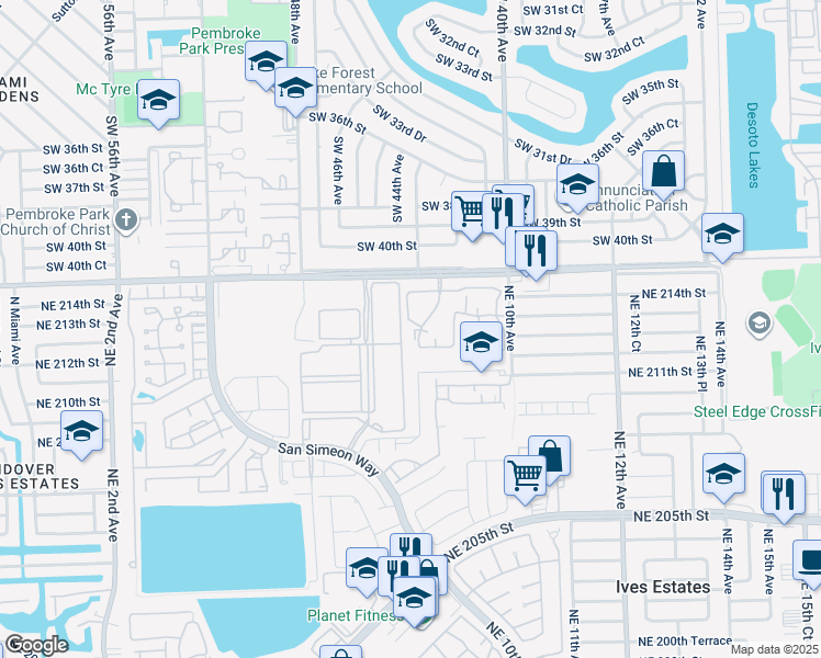 map of restaurants, bars, coffee shops, grocery stores, and more near 21213 San Simeon Way in Miami