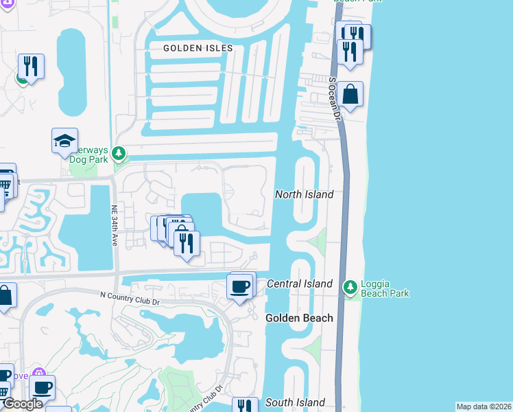 map of restaurants, bars, coffee shops, grocery stores, and more near 21050 Point Place in Aventura