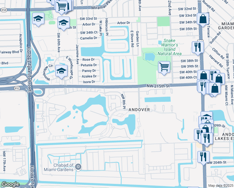 map of restaurants, bars, coffee shops, grocery stores, and more near 21395 Northwest 9th Court in Miami Gardens