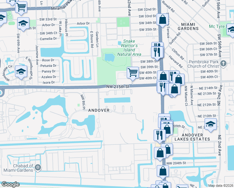map of restaurants, bars, coffee shops, grocery stores, and more near 605 Northwest 214th Street in Miami