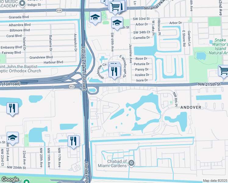 map of restaurants, bars, coffee shops, grocery stores, and more near 21490 Northwest 14th Place in Miami Gardens